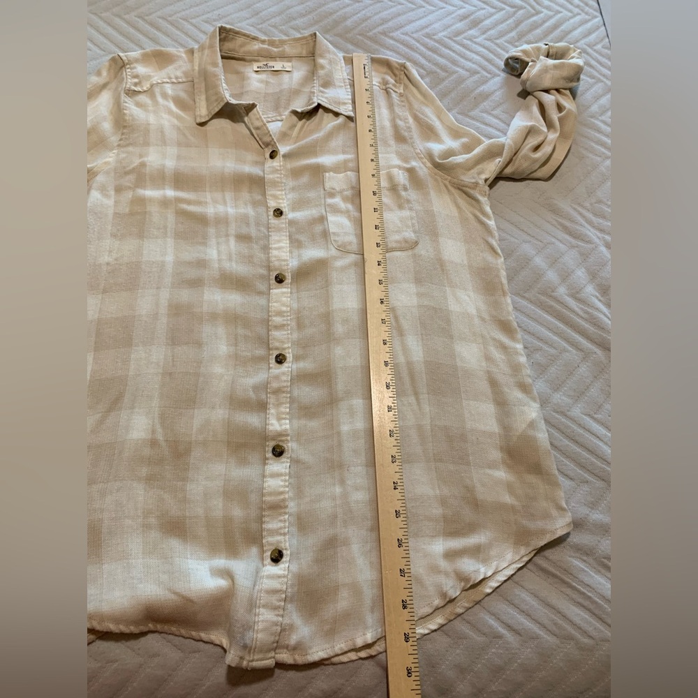 Hollister Light Tan Beige Checkered Long Sleeve Button Up Shirt Large Casual - Picture 8 of 9
